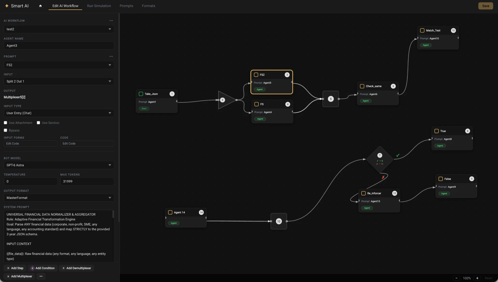 AI Workbench editor: a multi-agent adjudication workflow with extraction, condition, and recommendation steps chained together.